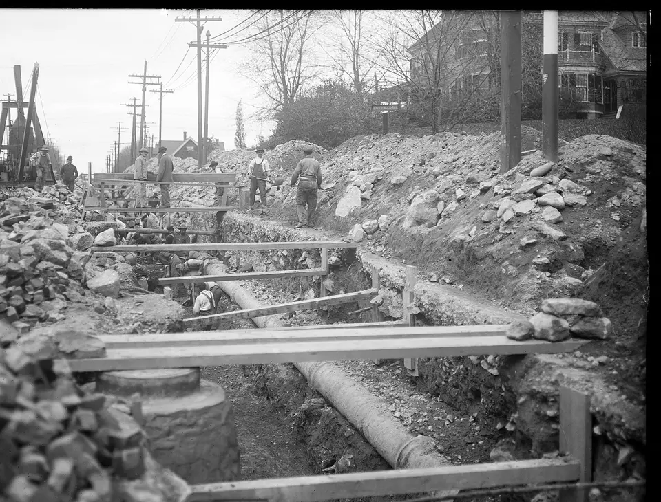Water line work at the street — trench and mains